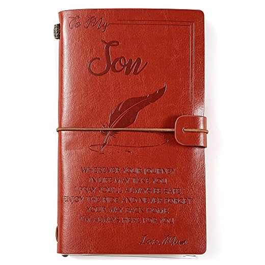 YHH Gåvor till son från mamma, läder resedagbok påfyllbar, vintage resenärs anteckningsbok med förvaringsfickor, elastiskt bunden, jul födelsedagspresenter för pojkar, till son från mamma fjäder brun