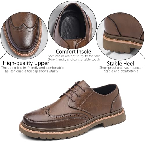 Men's Leather Brogues Wingtip Oxfords Casual Business Lace Up Anti-Slip Lug Sole Block Heel Derby Shoes for Wedding Office Formal Dress Shoes3