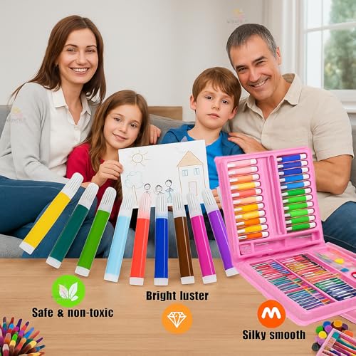 Image of WISHKEY 160 Pieces Art Set for Kids Unicorn Theme with Case, Art and Craft Supplies Kit for Drawing and Painting, Color Set with Markers, Water Colors, Brush, Color Pencils, Crayons (Pack of 1, Pink)