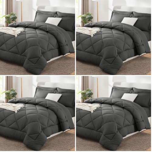 Image of CozyLux Queen Comforter Set Dark Grey - Bed in a Bag Queen Size 7 Pieces, Luxury Soft Bed Set for All Seasons, Bedding Set with Comforter, Sheets, Pillowcases & Shams, Dark Gray, Queen (Pack of 4)