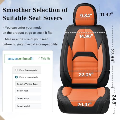 Image of Coverado Waterproof Nappa Leather Car Seat Covers, Automotive Seat Covers,Front Car Seat Cushion & Car Seat Protector, Seat Covers Universal Fit for Most Cars, SUVs,Trucks,Black&Orange