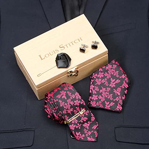 Image of LOUIS STITCH Mens Silk NeckTie Golden Tiepin Gift Combo Set With Pocket Square Cufflinks Brooch Tie Golden Tiepin (Suit Accessories) (Britain)