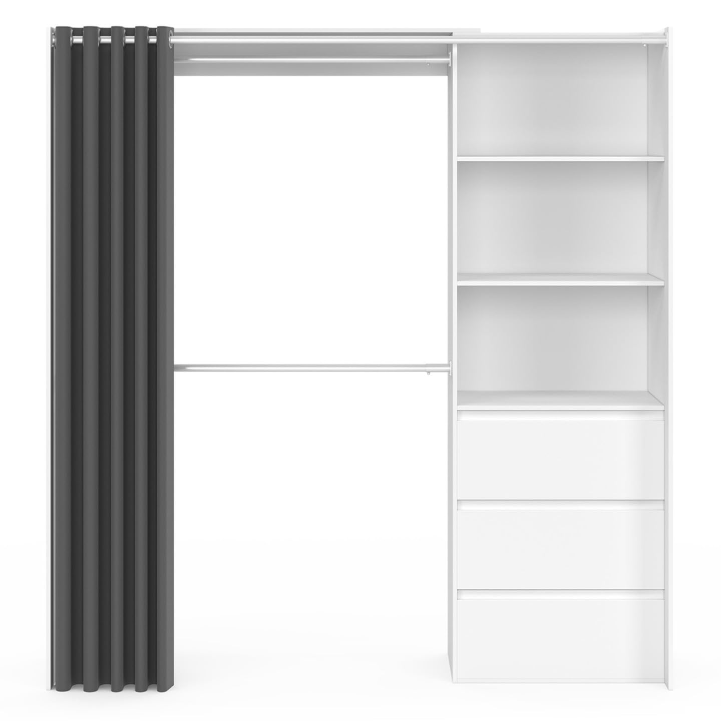 IDMarket - Dressing extensible MARTY 120/170 x 50 x 180 cm blanc avec 3 tiroirs + étagères + double penderie + rideau gris