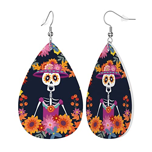 Dia De Los Muertos Mexican Day Skull Faux Leather Teardrop Earrings for Women Drop Dangle Earrings Gift2