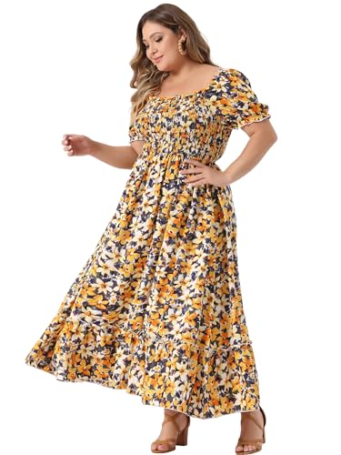 Image of Agnes Orinda Plus Size Dress for Women Short Sleeve Shirred Square Neck Floral Maxi Long Dresses