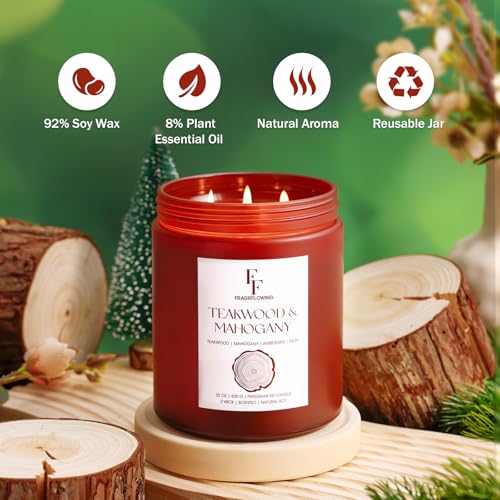 Image of Teakwood & Mahogany Large Christmas Scented Candle, 3-Wick 22oz Long Lasting Scented Candle, Natural Soy Wax Aromatherapy Candle for Home, Holiday Candle Gifts for Women Men
