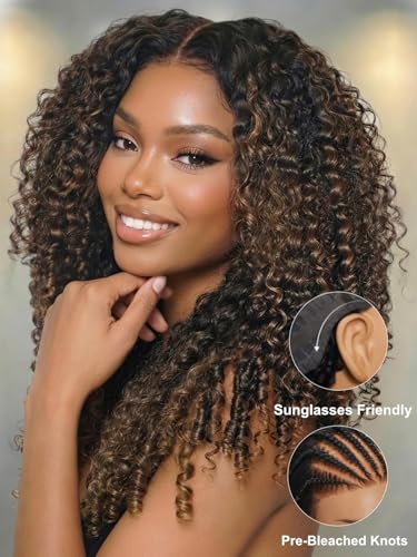 Image of Sunber Black to Chestnut Brown Ombre Curly Human Hair Glueless Wig With With Finger Coily Ends Bye Bye Knots Pre Cut 7X5 Lace Front Drawstring Wig Burmese Curly Wigs Pre Plunked Invisible Knots 24Inch