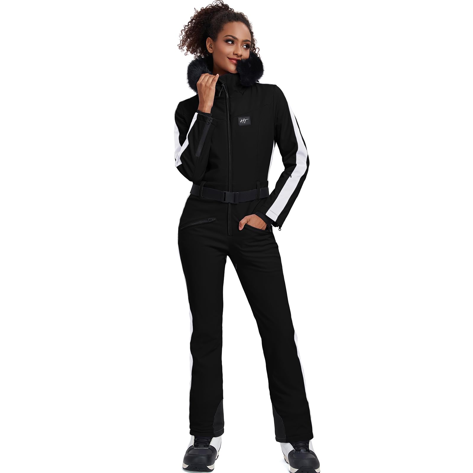 HOTIAN Combinaison de ski pour femme - Une pièce - Combinaison de ski - Hiver - Chaude - Imperméable - Coupe-vent - Combinaison de neige - Avec capuche