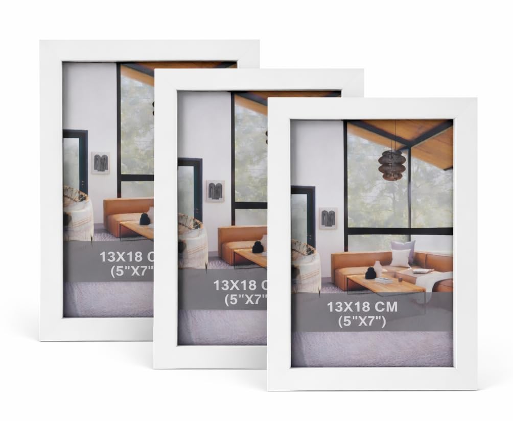 BH | 7X5 Picture Frames White | Set of 3 | 13 x 18cm | Tabletop and Wall Mounting | Photo Frame with Glass Cover | Vertical & Horizontal Display for Living Room, Bedroom and Office - by Best House