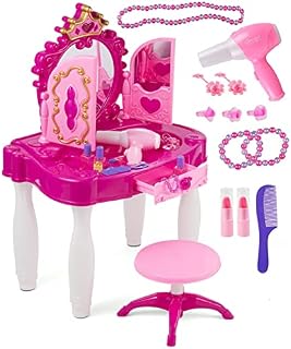 Prextex Enchanting Princess Kids Vanity Table Set - Glamorous Pink Make-Up Table, Beauty Mirror, Pink Stool Chair, Stocking Fillers, and Accessories for Girls' Imaginative Play, for Ages 3 and Up