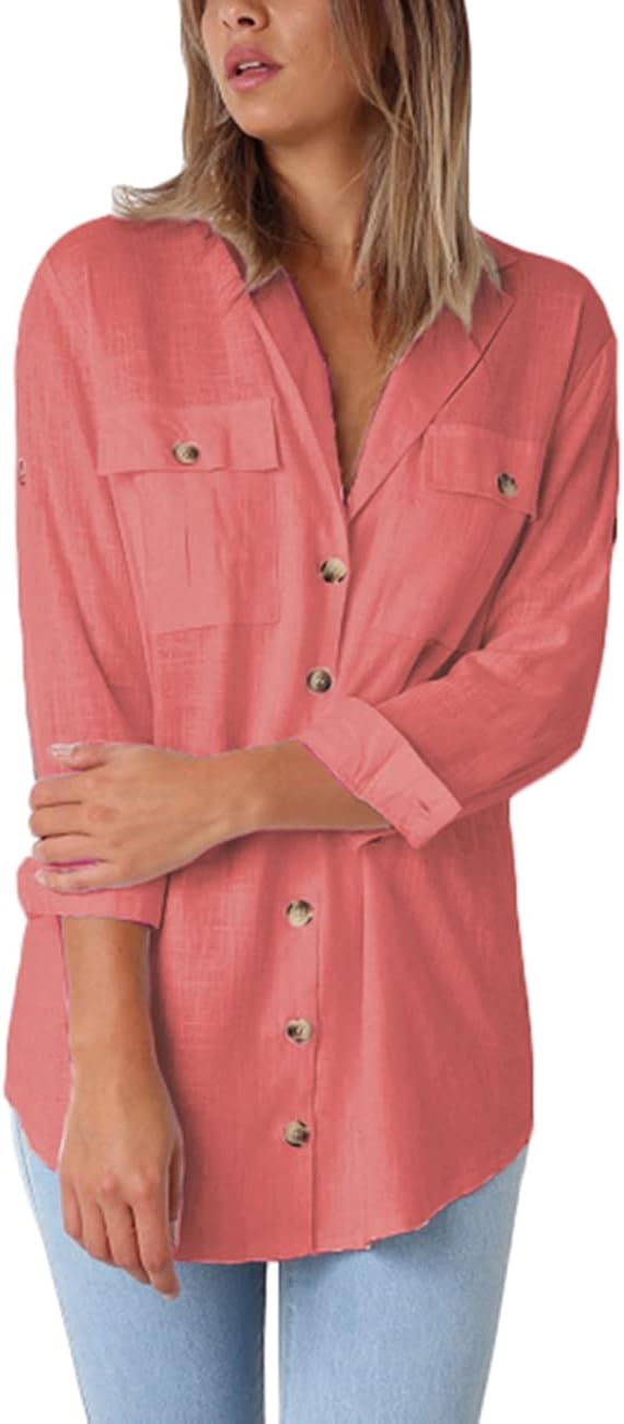 Vetinee Women's Casual Button Down Blouse Shirts Cuffed Sleeve Loose T-Shirt Tops Small Procelain Rose