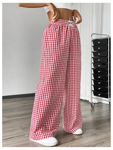 SweatyRocks Women's Plus Size Elastic High Waist Gingham Plaid Lounge Pants Casual Long Trousers3