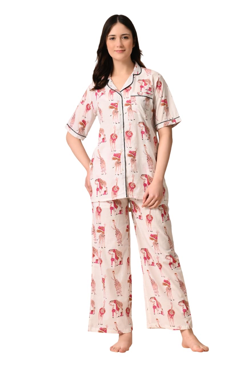 sutrani Women's Cotton Animal Printed Night Suit top & Pyjama Set (White Pink)-picture-11