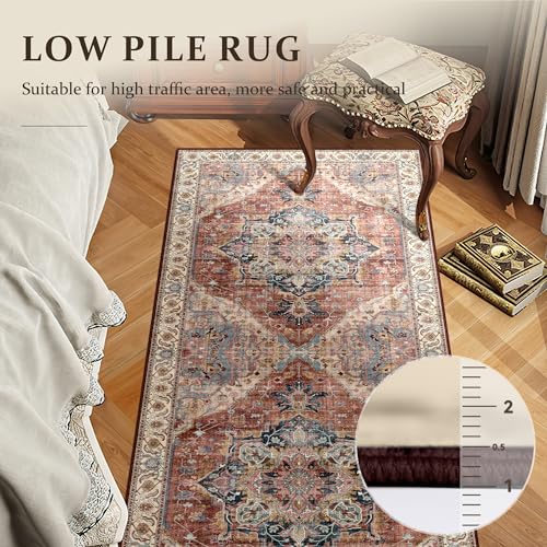 Deerly Vintage Runner Rug 2x6 Hallway Runners Boho Non-Slip Entryway Throw Rug Faux Wool Non-Slip Washable Low-Pile Floor Carpet for Indoor Front Entrance Kitchen Bathroom, Brickred/Multi