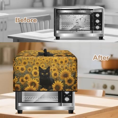 Image of Countertop Oven Cover Protective Toaster Oven Dust Cover Decorative Small Kitchen Appliance Protector for Countertop Decor, 18.25 x 14.5 x 11 Inches, S, Black Cat Sunflower