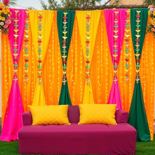 Image of Party Propz Ganpati Decoration Setup for Home - 18Pcs Ganpati Decoration Items with Triangle Hanging, Fairy Light, Varamahalakshmi Decorative Items, Backdrop Cloth for Decoration Pooja (Net Curtain)
