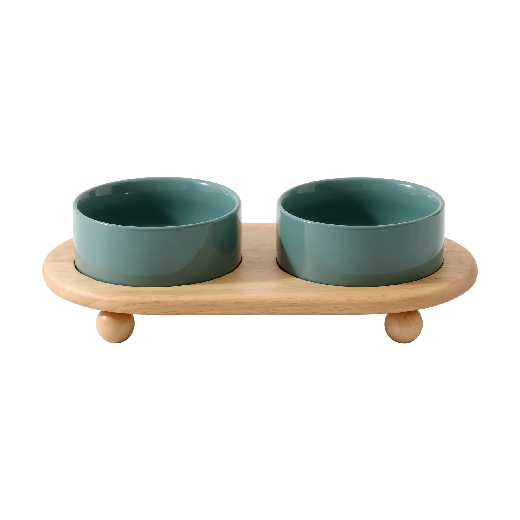 Havniva Ceramic Elevated Cat Food and Water Bowl, Kitty Bowl, Raised Cat Dish, Cat Feeder (2 x Dark Green + Stand)