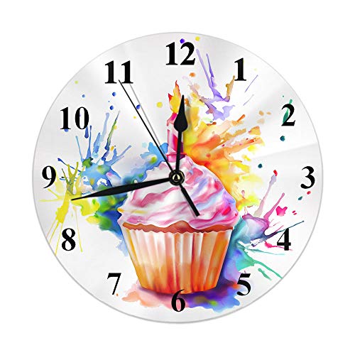 Horloge à cupcakes aquarelle Sweet Cupcakes avec bougie arc-en-ciel Splash pour anniversaire horloge murale ronde 10 pouces silencieuse sans tic-tac horloge...