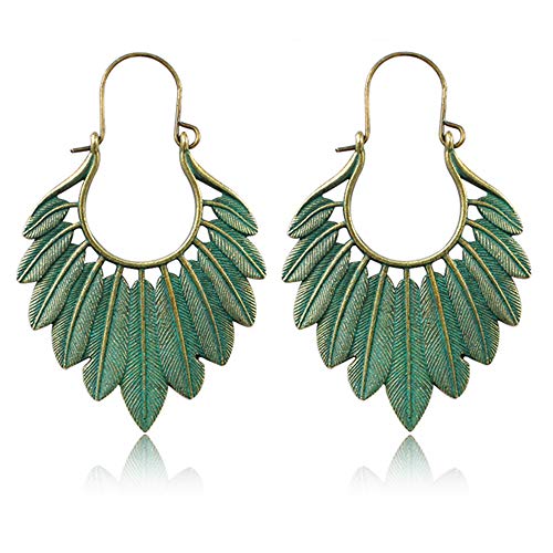 Handmade Boho Vintage Green Bronze Hollow Lightweight Statement Leaf Hoop Earrings with Detailed Texture Tribal Ethnic Drop Dangle Earring for Women (Green)