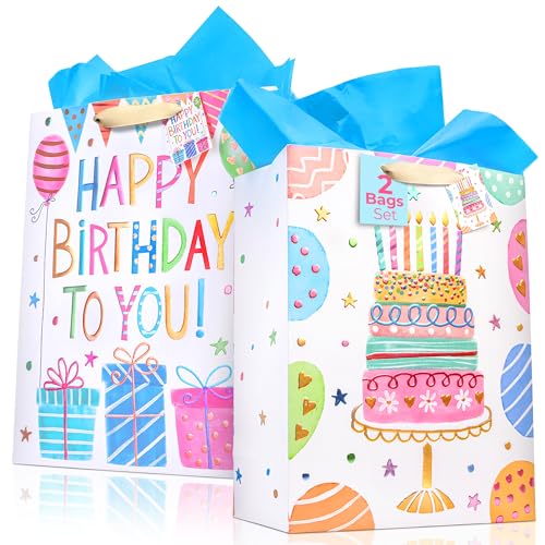Craftorama 16 Extra Large Happy Birthday Gift Bags with Tissue Paper Large Birthday Bags for Women Kids Boys Girls and Men Festive Gift Bag with Matching Tags Perfect for Presents (2 Pack)