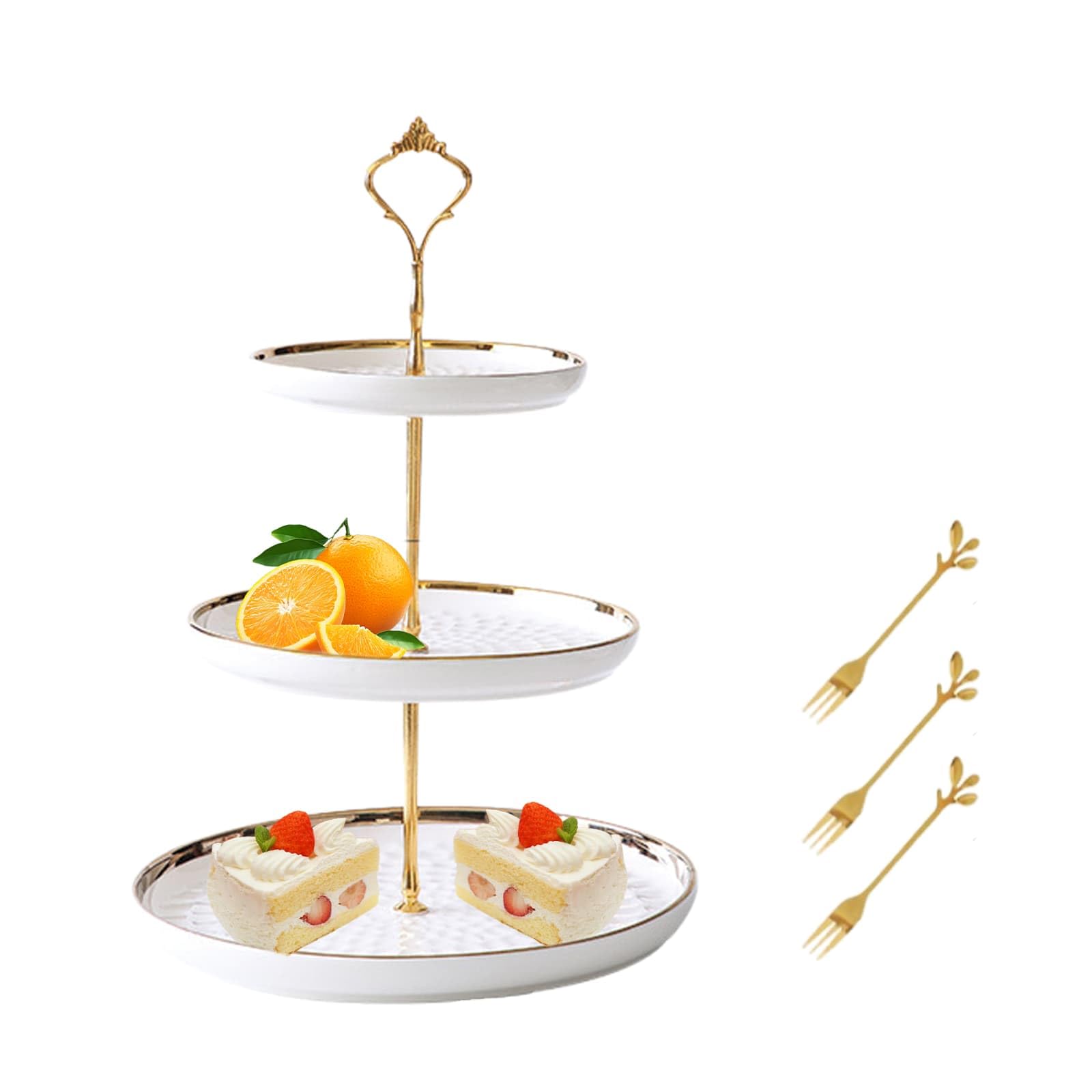 Weeloo White Round Porcelain Tiered Cupcake Stand 3 Tier, Layered Dessert Rack With Three Forks For Party Service Tray, Tea Party, Wedding, Fruit Pastry Rack Birthday Service Tray (White)