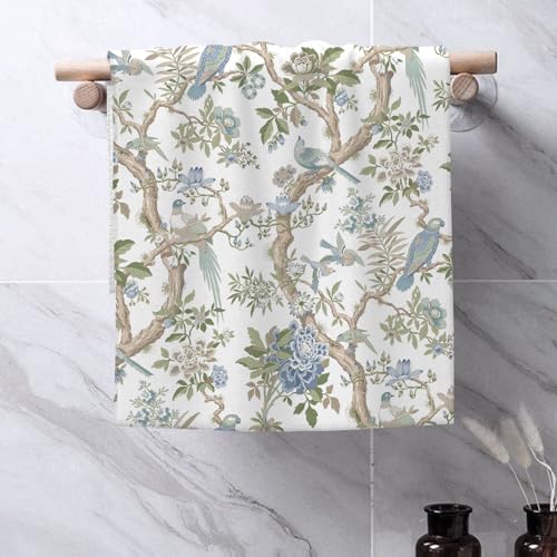 Image of Chinoiserie Floral Kitchen Towels Blue Green White Flowers Bird Spring Dish Towels, 16x24 Inch Farmhouse Summer Holiday Decoration Absorbent Hand Towels for Kitchen Drying Decor Set of 2