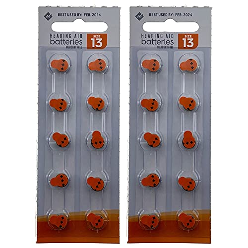 Exell Battery 2x 10pk 1.45V Size 13 Hearing Aid Battery Zero Mercury Long Tab Easy to Insert Replaces VT13, XL13, AP13, 13HPX, 13A, R13ZA, AC13, 7000ZD, PR48, AC13E, V13A, B26PA, 13HPX, PR-13PA, PZA13