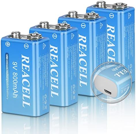 4 Pack USB Rechargeable 9V Lithium Batteries, REACELL Long Lasting 800mAh / 7200mWh 9 Volt Rechargeable Battery 1.5 Hours Quick Fully Charge with LED Indicator