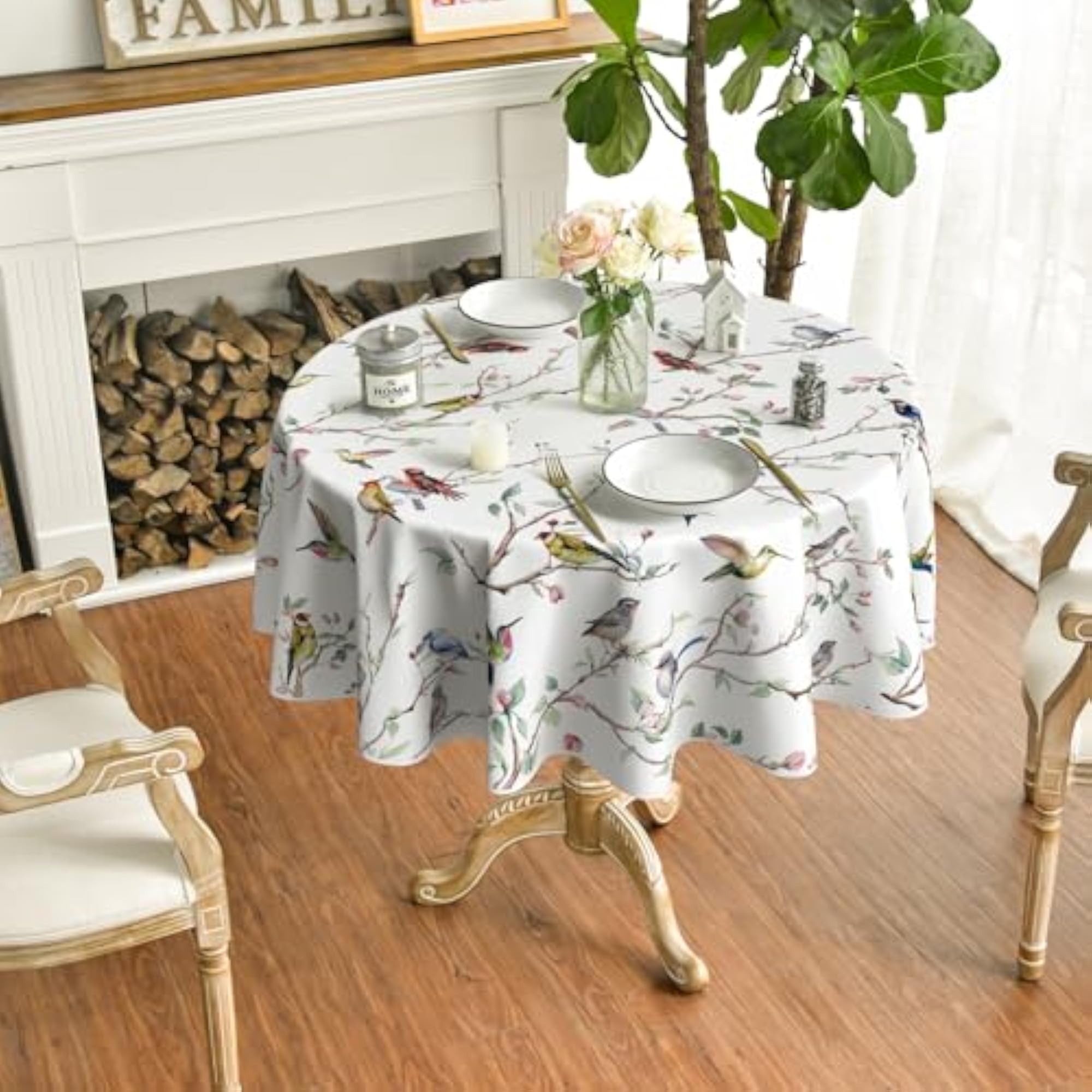 Spring Summer Tablecloth, Round Birds Branch Floral Design