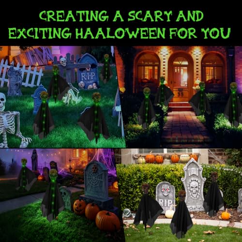 4 Pack Halloween Decorations Outdoor Solar Garden Lights, Solar Creepy Skull Path Lights, IP65 Waterproof 8 Modes Green Halloween Solar Lights Outdoor for Yard, Grave, House, Halloween Party - image 5