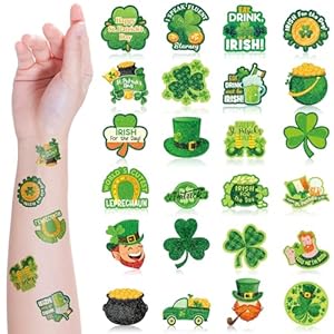 Nosiny 240 Pcs St. Patrick’s Day Glitter Temporary Tattoos Shamrock Hat Leprechaun Elf Clover Apparel Accessories Glitter Irish Tattoo Stickers for Kids Adults Body Face St. Patrick’s Day Party