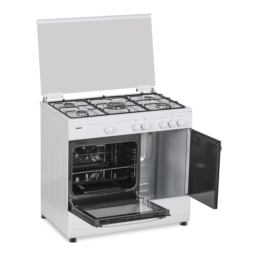 Svan Cocina Gas Butano 5 Zonas de Cocción, Horno 59 L, Blanco SKGW5900PB. Control Manual, Quemador WOK triple llama, 2 Programas de Cocción, Cristal en Puerta de Doble Capa, Tapa Abatible