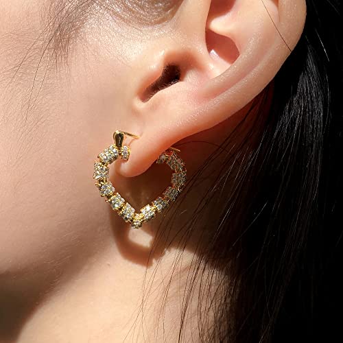 Heart Hoop Earrings Hypoallergenic 14K Gold Plated Bamboo Cubic Zirconia Huggie Hoop Earrings for Women2