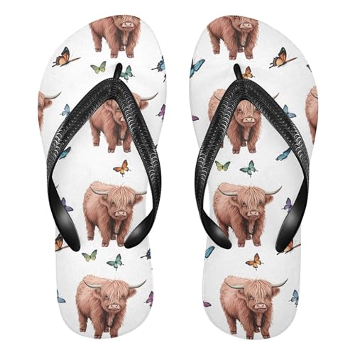 Burbuja Highland Cows Butterflies Flip Flops for Women Men, Soft Thong Sandals Rubber Slippers for Pool Beach Essentials