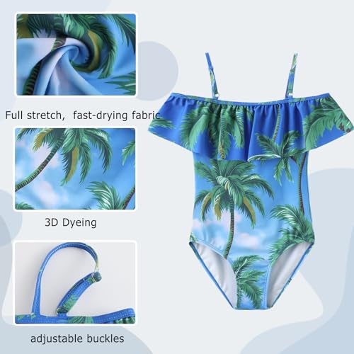 Image of Girls One Piece Swimsuits Off Shoulder Bathing Suit Kids Hawaiian Floral Swimwear 3-16 Years