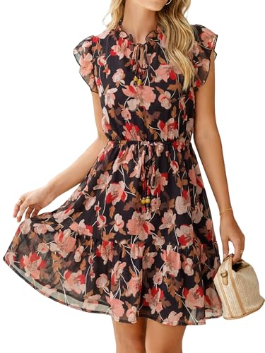 Image of Simplee Womens Summer Dress 2026 Ruffle Short Sleeve Floral Boho Dress V Neck A-line Drawstring Mini Dress with Pockets