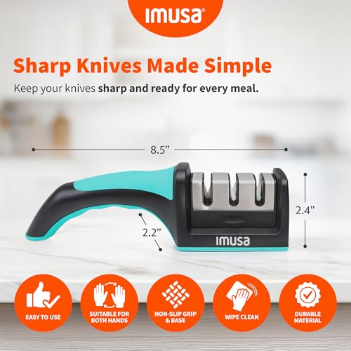 Image of IMUSA Kitchen Knife Sharpener, Manual, Coarse to Fine, Non-Slip Base | Tungsten steel blades with ceramic rods, ergonomic grip, ambidextrous, not for serrated knives or scissors