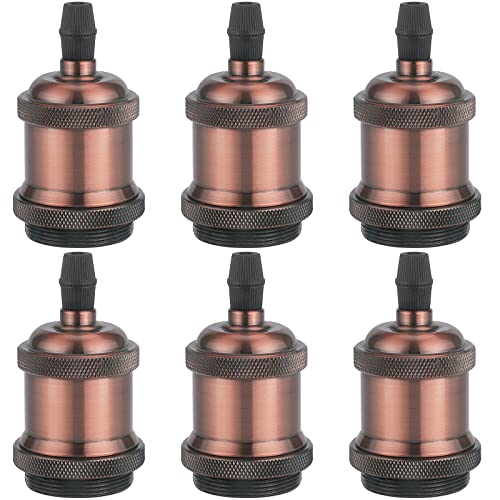 DiCUNO E27 Vintage Portalámpara, Sólido cerámica enchufe, Edison retro colgante, Industrial y decorativo para Iluminación de bricolaje, 600℃ Resistente al calor, 6 Piezas de cobre rojo socket