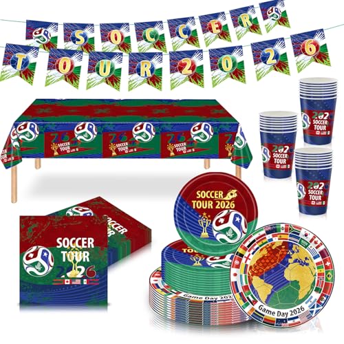 Lot 70 pièces Vaisselle Coupe du Monde 2026 Rouge et Vert, Football Decoration Fête Anniversaire avec Foot Theme Papier Assiette 7 & 9 pouces, Gobelets,...