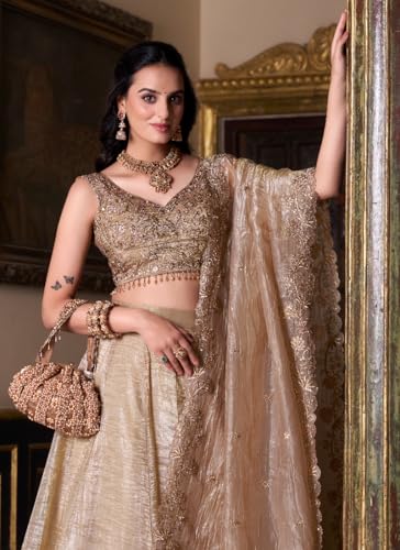 Image of KALPAS Gold Embroidered Lehenga Choli Set with Dupatta, Sleeveless Blouse, Traditional Indian KP-317
