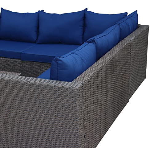78" Wide L-Shaped 4 Pieces Patio Furniture Set, Outdoor Sectional Sofa With Ottoman Square Storage Coffee Table, Modern Brown Rattan Wicker With Comfort Cushion Seats - Navy Blue - Oliver & Smith #TOP7