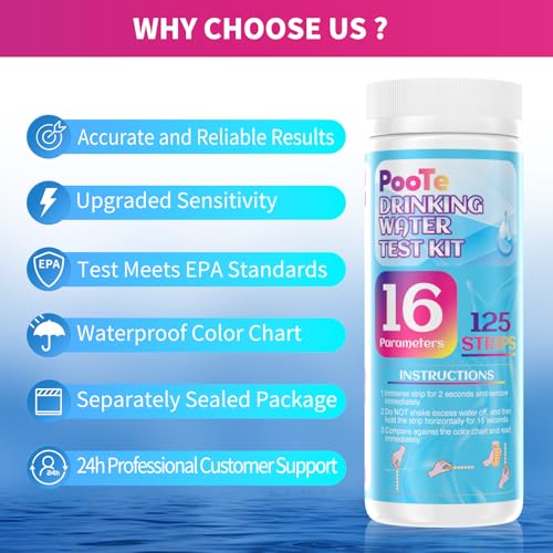 PooTe 21 in 1 Water Testing Kits for Drinking Water - Accurate Drinking Water Test Kit - Water Test Strips for House Water Well and Tap Water for pH Hardness Chlorine Lead Iron Bacteria & More