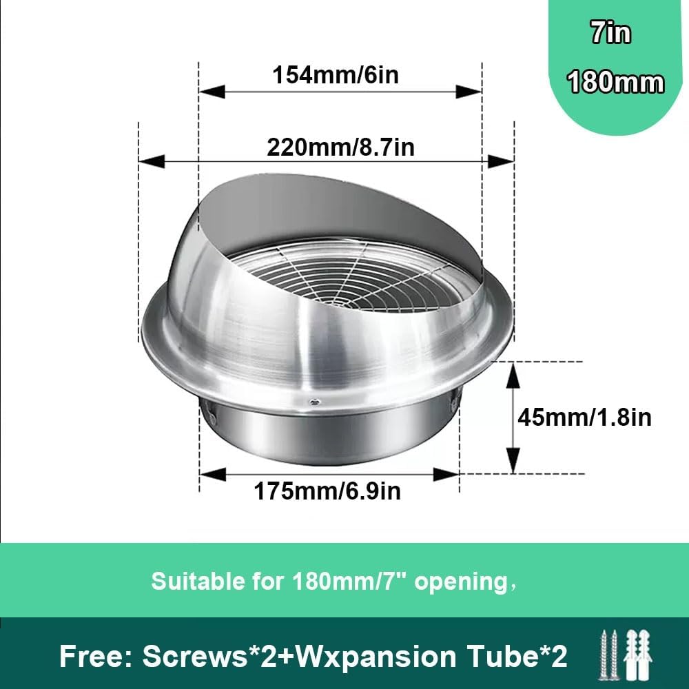 Ventilation Grill Hood Stainless Steel Wall Vent Cover Exhaust Grille 6" 6.3" 7" 8" Exhaust Range Hood Cap HVAC Vent Duct Cover(7in-180mm)
