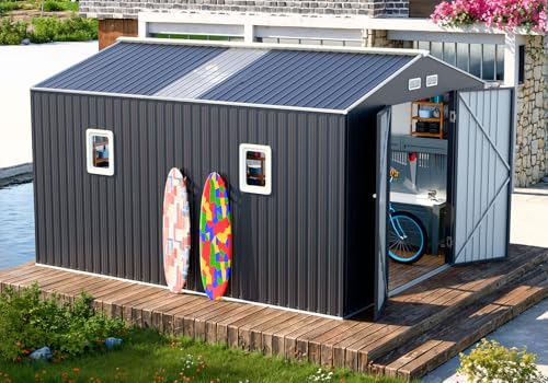 WELYAS Metal Storage Shed 10x12 FT Large Outdoor Tools House with...