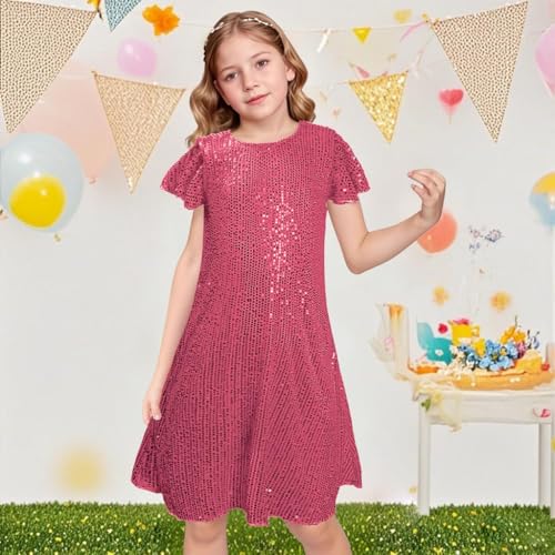 LQSZ Girls Sparkly Sequin Party Dress with Hairbow Flutter Sleeves Elegant Prom Wedding Concert for 3-12 Years2