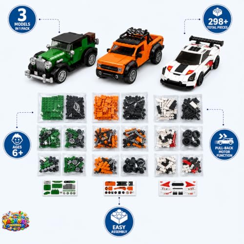 Image of Yashoni Pocket Block Pull-Back Cars Pack of 3-298 Pcs Building Blocks Set | Pull Back & Go Racing Action, STEM Construction Toy for Kids 6+ Boys & Girls | Educational 3D Building Kit, Gift