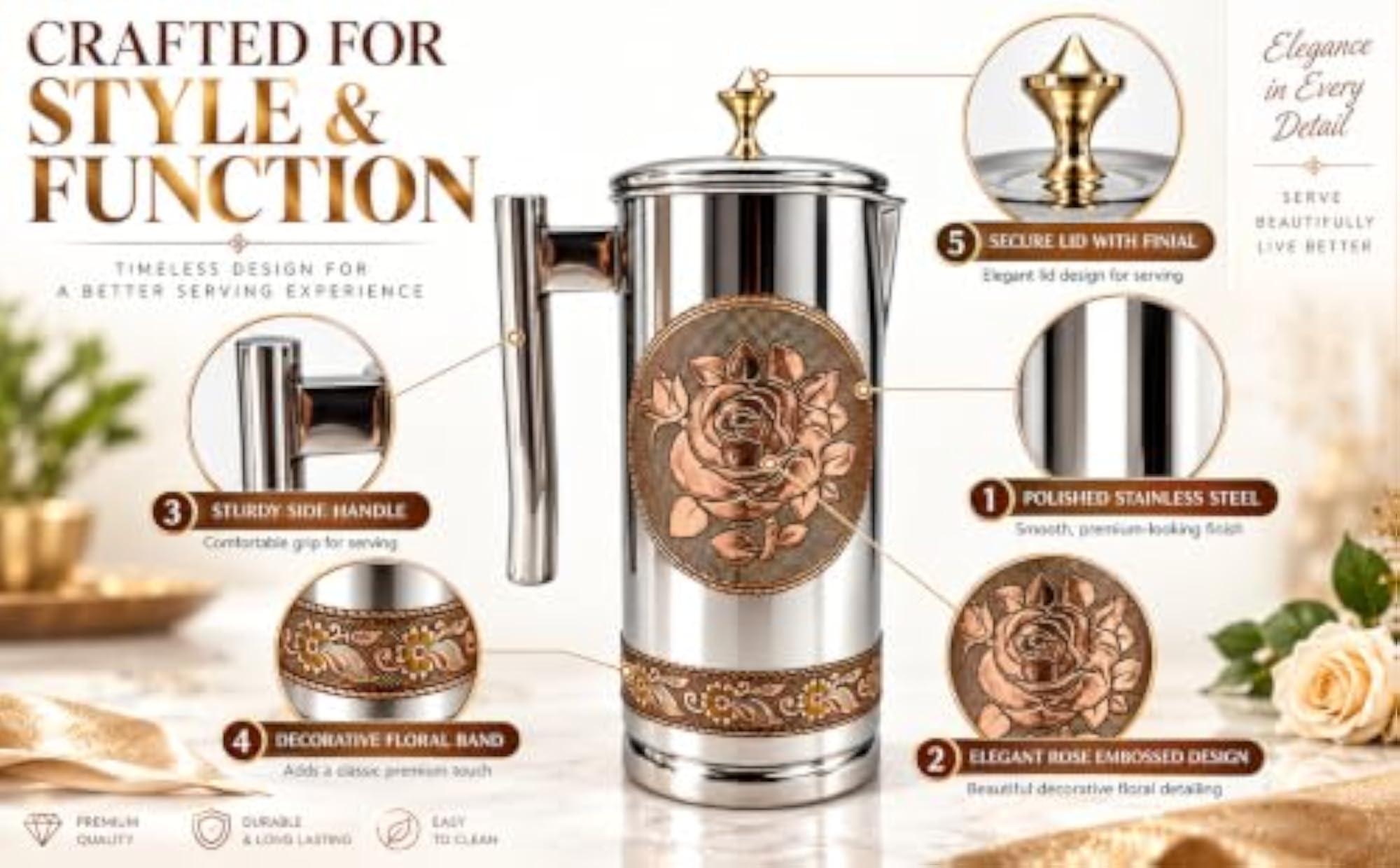 Premium Stainless Steel Decorative Serving Jug with Lid