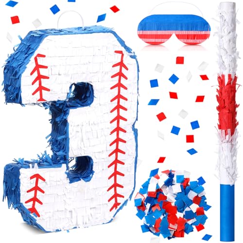 HyDren Baseball Piñata Baseball Party Decorations Number Piñata with Bat, Blindfold and Confetti, 16 Inch Sports Themed Birthday Party Supplies for Celebration Events(Number 3)