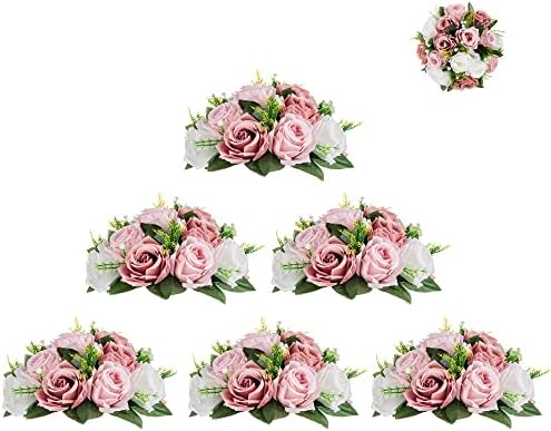 Flower Ball Centerpieces for Table: Blosmon 6 Pcs Fake Dusty Rose Flowers Vintages Pink Artificial Silk Floral Arrangement Center Piece Kissing Bouquet for Wedding Party Valentines Day Home Decor