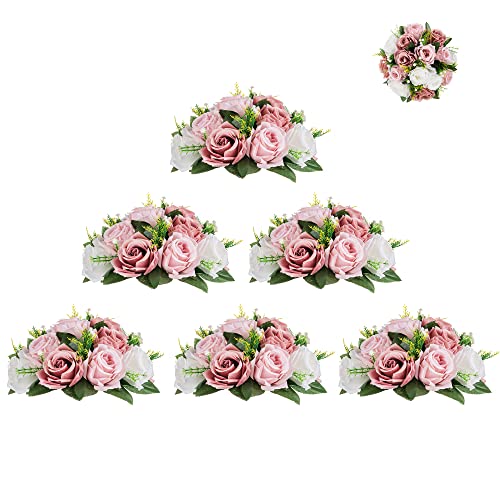 Flower Ball Centerpieces For Table: Blosmon 6 Pcs Fake Dusty Rose Flowers Vintages Pink Artificial Silk Floral Arrangement Center Piece Kissing Bouquet For Wedding Party Valentines Day Home Decor #TOP2